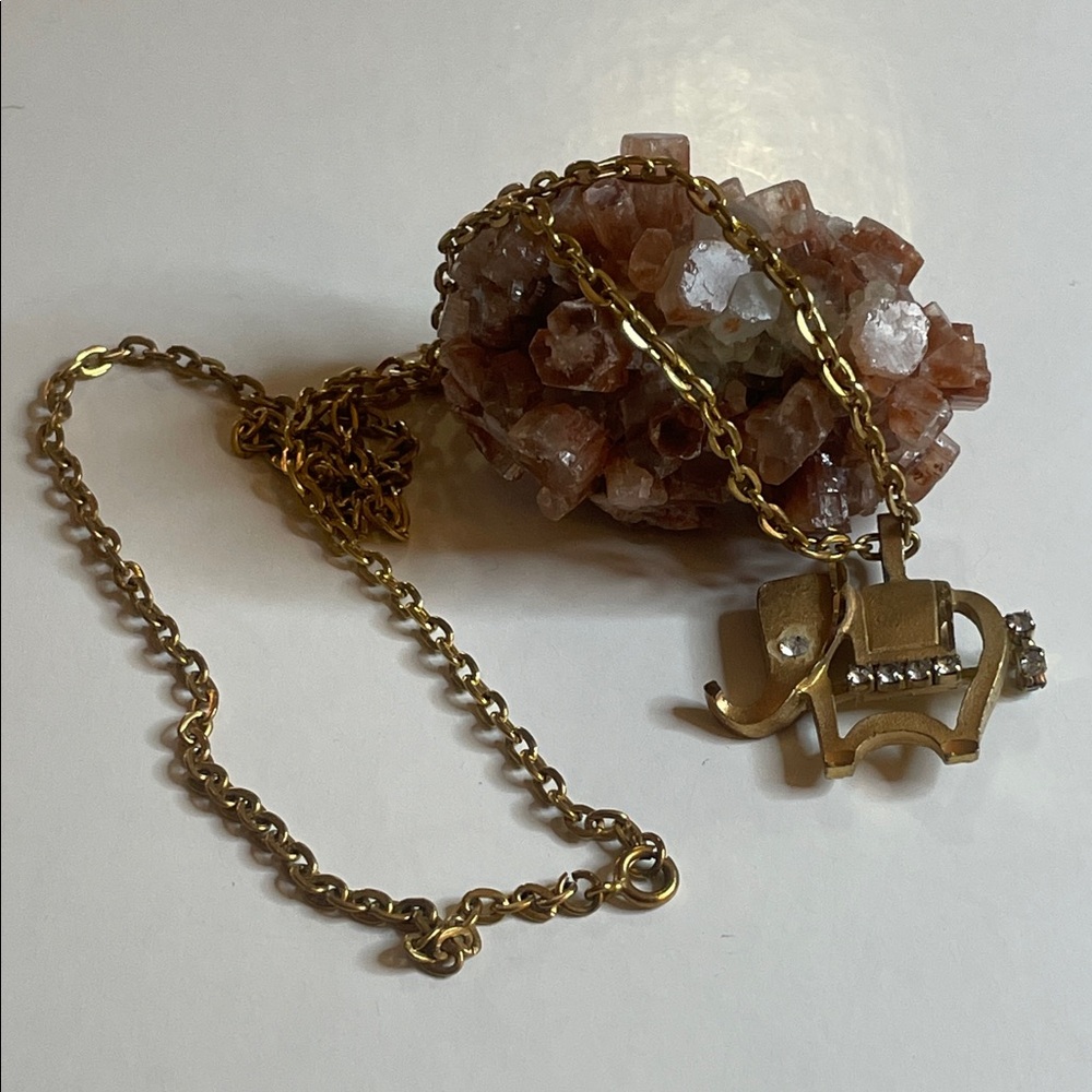 Vintage Elephant Pendant Gold Tone Rhinestone Eye Tail & Blanket Trim